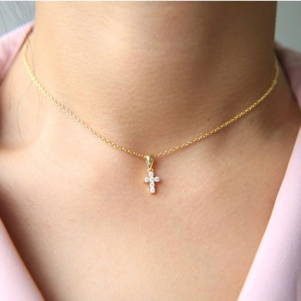 Tiny cross diamond CZ necklace